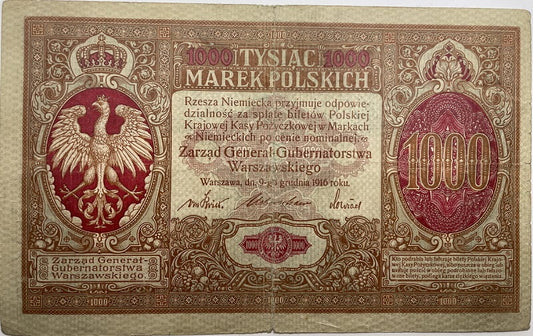 Banknot 1000 marek polskich 1916 r. stan 4